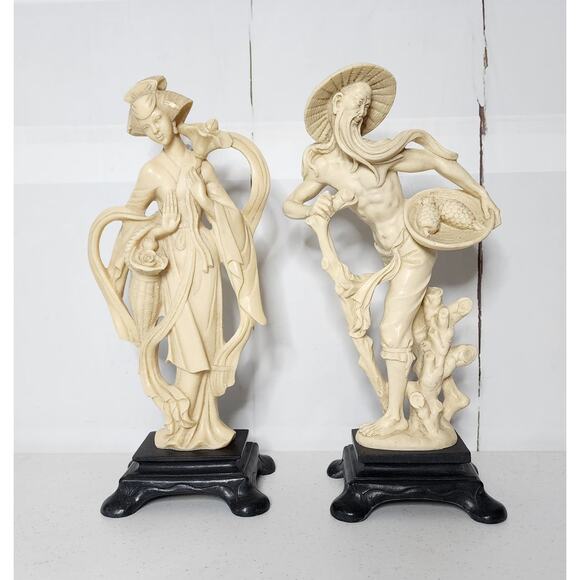 Vintage Santini Asian Imperial Couple Floral Fruit Alabaster Sculptures - Picture 13 of 13